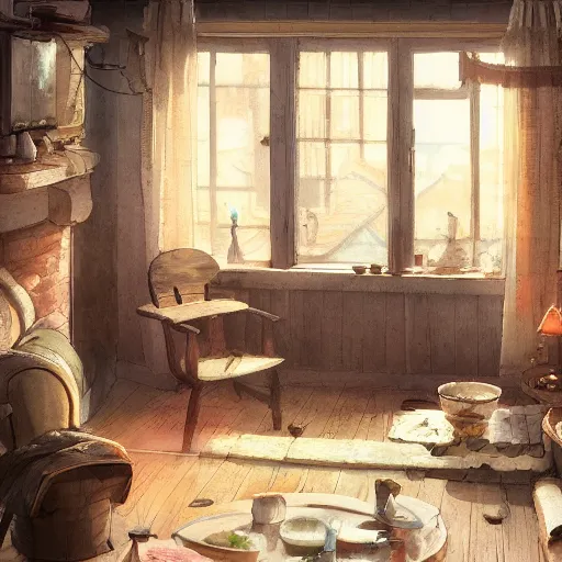 Image similar to concept art painting of interior of a cozy cottage with european and japanese design, realistic, detailed, cel shaded, in the style of makoto shinkai and greg rutkowski and james gurney