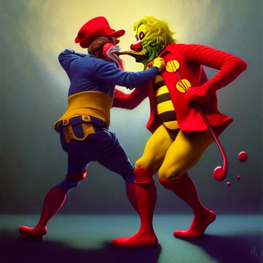 Prompt: uhd photorealistic portrait of the hamburglar fighting ronald mcdonald, by tim hildebrandt, wayne barlowe, bruce pennington, donato giancola, larry elmore, by zdzislaw beksinski, arthur rackham, dariusz zawadz masterpiece, trending on artstation, cinematic composition, dramatic pose, studio lighting, hyperdetailed