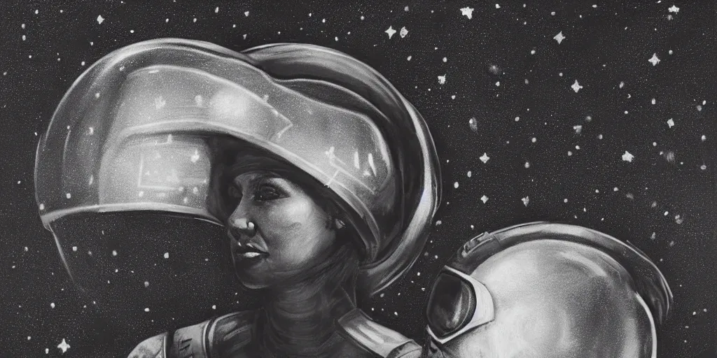 Image similar to charcoal portrait of a woman wearing a space helmet, scifi, big clouds visible in the background, stars in the sky, high contrast, deep black tones, charcoal smears