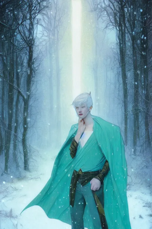 Image similar to portrait of a handsome pointy - eared male snow elf in a turquoise cape, albino skin, androgynous face, mid - shot, moonlight snowing, ethereal opalescent mist, winter vibes, perfect face, elegant, very coherent symmetrical artwork, by greg rutkowski, alphonse mucha, charlie bowater, trending on artstation