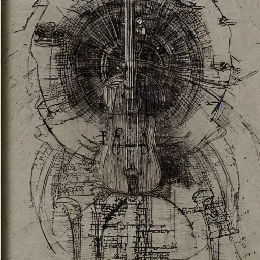 Prompt: leonardo da vinci intricate full page scan blueprint of concept art dark new music instrument on grey paper sketch ink style with music sheet backgroud