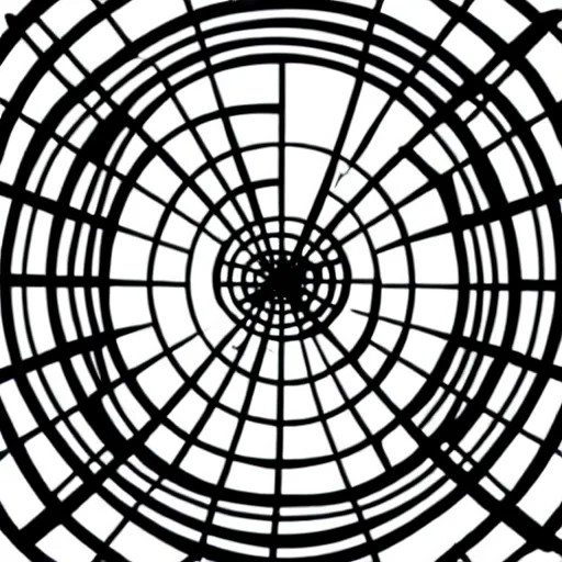 Image similar to a perfect circle, around the outer edge of the circle is the silhouette of a city skyline, inside the circle is empty, black and white, minimalist, in the style of a line drawing