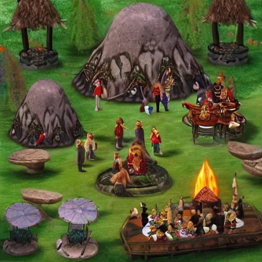 Image similar to a beatiful dwarven festival in 1974 in a fertile green park with surreal elven nature, a gnome rock band concert and dwarven BBQ