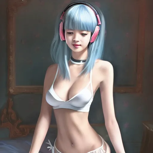 Prompt: realistic detailed semirealism beautiful gorgeous cute Blackpink Lalisa Manoban wearing white camisole white lingerie outfit maid costume, white hair white cat ears blue eyes, headphones, black leather choker full HD 4K high resolution quality WLOP, Aztodio, Taejune Kim, Guweiz, Pixiv, Instagram, Artstation