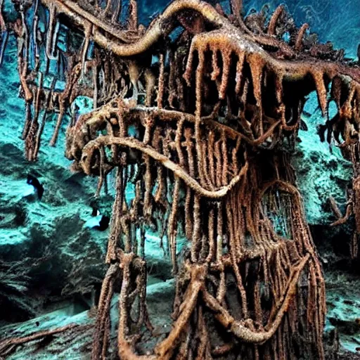 Prompt: deep sea creature underwater megastructure, covered in rust barnacles and rot, rotting flesh and machinations