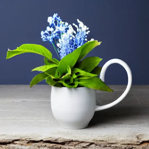 Image similar to clay mug on a white table surrounded by elegant blue and white flowers and green leaves, bright white realistic, up close shot, white background, zen, light, modern minimalist, clean f 2 0