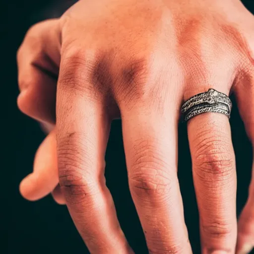 Prompt: man's hand with a ring and a cigarette between the fingers