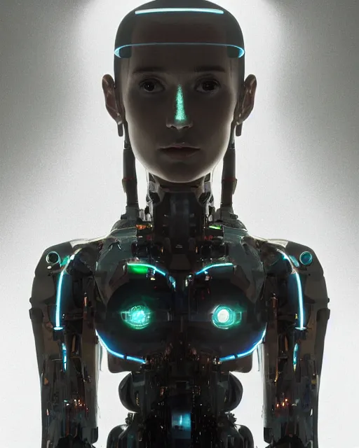 Image similar to centered portrait of soulful young demi moore as a solarpunk mecha humanoid robotic parts with bright led lights, real human face, pudica gesture bouguereau style, in white room, ultra - realistic and intricate, soft portrait shot 8 k