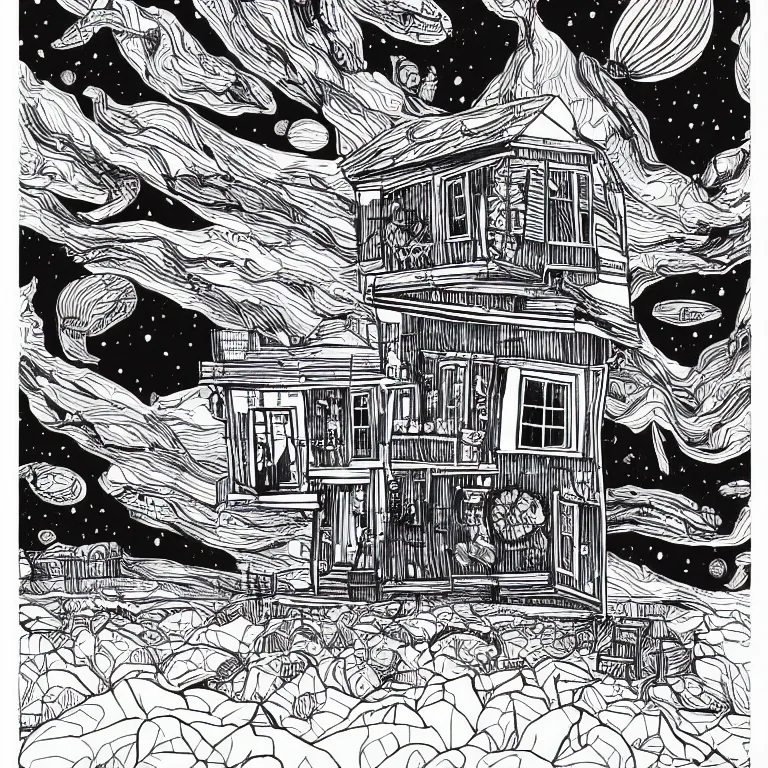 Image similar to a house floating in space, black and white, botanical illustration, black ink on white paper, bold lines, white border