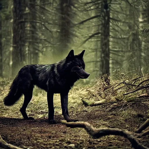 Prompt: a strong and fearsome black wolf stalking its prey through a dark and creepy forest, creepy, eerie, beautiful, 8k, high detail