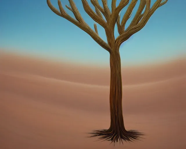 Image similar to a striking painting of a tree in the desert, an airbrush painting by breyten breytenbach, sea of sand, cgsociety, neo - primitivism, airbrush art, dystopian art, apocalypse landscape