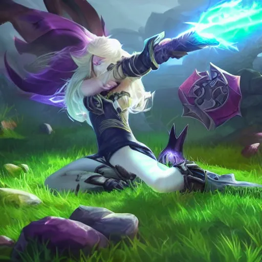 Prompt: League of Legends player touching grass for the first time, dramatic