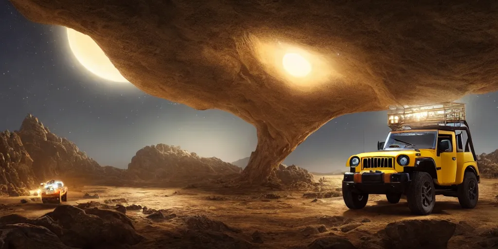 Prompt: yellow mahindra thar riding through moonlit socotra island with dragon trees, starry night, sharp focus, wide shot, trending on ArtStation, masterpiece, by Greg Rutkowski, by Ross Tran, by Fenghua Zhong, corona render, soft render, ultrarealistic, colorful, cinematic, shadow of the tomb rider