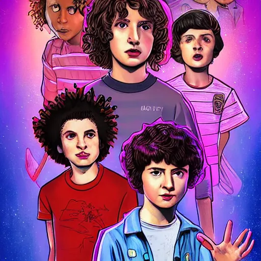 Prompt: Finn WolfHard with Stranger Things in comic style, hq, 4k