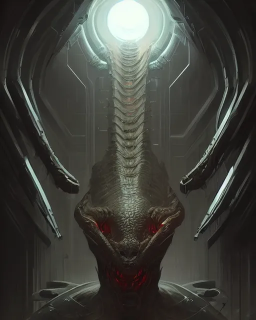 Prompt: professional concept art portrait of a predatory robotic species in a dark room by artgerm and greg rutkowski. an intricate, elegant, highly detailed digital painting, concept art, smooth, sharp focus, illustration, in the style of cam sykes, wayne barlowe, igor kieryluk.