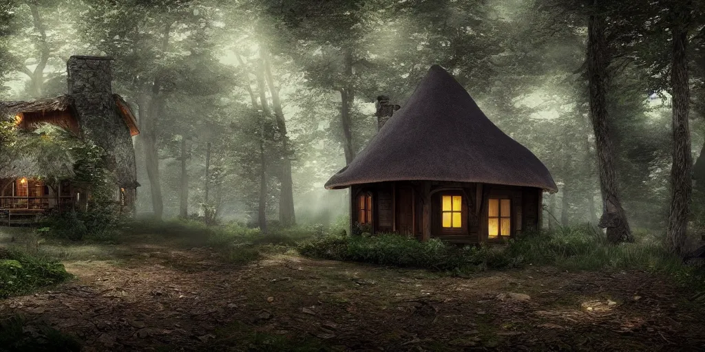 Prompt: one cottage in the woods , fantasy, hyper realistic, dramatic lighting, 8k