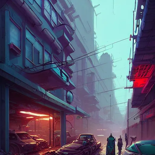 Prompt: professional concept art of a diesel punk city street in a cool color palette by artgerm and greg rutkowski. an intricate, elegant, highly detailed digital painting, concept art, smooth, sharp focus, illustration, in the style of simon stalenhag, wayne barlowe, and igor kieryluk.