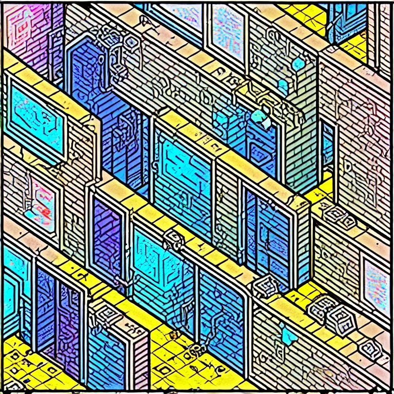 Image similar to an absurdly-detailed isometric cyberpunk alleyway colored-pen drawing as a fancy square tile