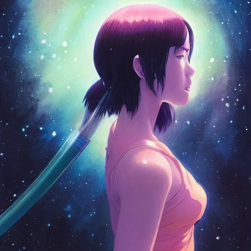 Prompt: A Beautiful young woman , holding a sword in the cosmos || VERY ANIME, fine-face, realistic shaded perfect face, fine details. Anime. realistic shaded lighting poster by Ilya Kuvshinov katsuhiro otomo ghost-in-the-shell, magali villeneuve, artgerm, Jeremy Lipkin and Michael Garmash, Rob Rey and Kentarõ Miura style, trending on art station