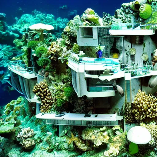Image similar to underwater habitat 67 with lush vegetation, coral and marine creatures surrounding it