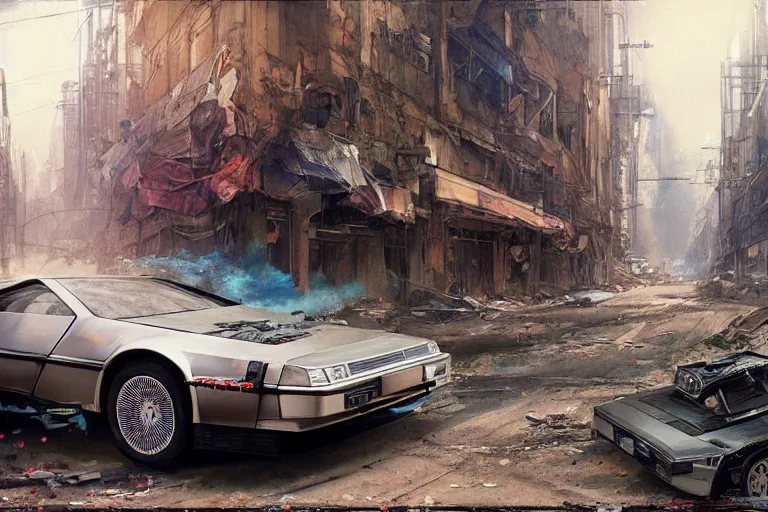 Prompt: photograph of the delorean driving down the streets of a cyberpunk abandoned city, by greg rutkowski, by stanley artgerm, by alphonse mucha