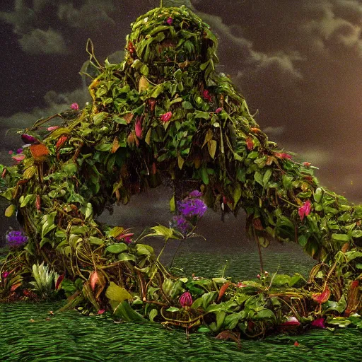 Prompt: Giant Mother Nature made of vines and leaves and a crown made of flowers towering over a tropical island, Dramatic Lighting, Trending on Artstation HQ, 4K, UHD.