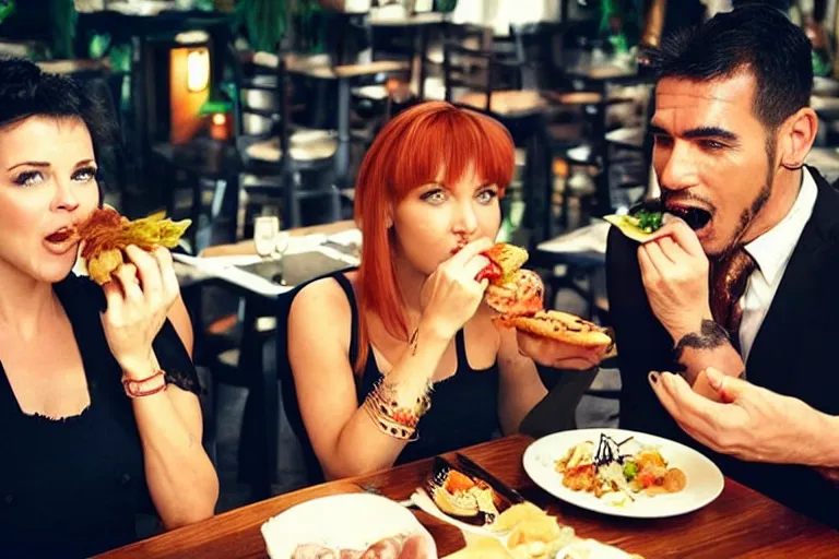 Prompt: lucu lawless as xena warrior princess eating at a restaurant with a handsome cuban man wearing a suit