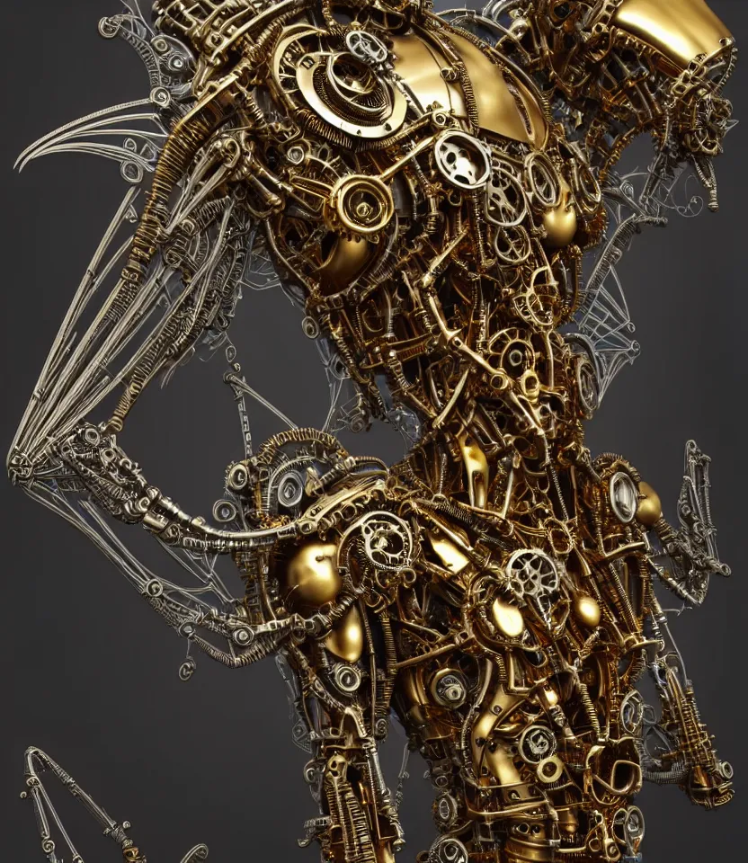 Prompt: steampunk cybernetic biomechanical robotic angel of death, symmetrical, front facing, 3 d model, very coherent symmetrical artwork, unreal engine realistic render, 8 k, micro detail, gold and steel intricate, elegant, highly detailed, digital painting, artstation, smooth, sharp focus, illustration, artgerm, tomasz alen kopera, wlop