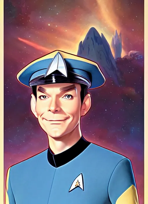 Image similar to cute star trek officer henning wehn, natural lighting, path traced, highly detailed, high quality, digital painting, by don bluth and ross tran and studio ghibli and alphonse mucha, artgerm