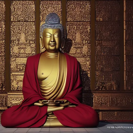 Prompt: a high detail shot of Donald Trump meditating in a Buddhist Temple, render, cgsociety, photorealism