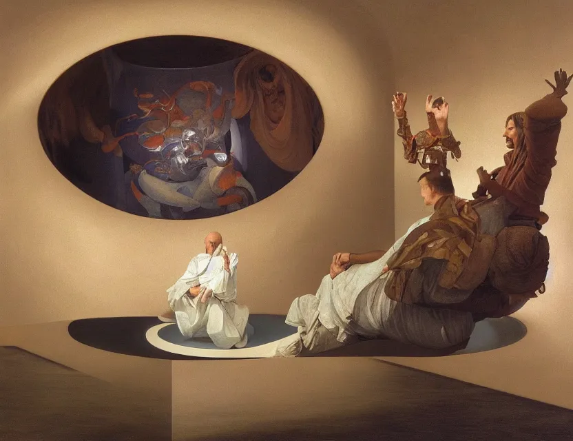 Prompt: a detailed portrait painting of a first-person view within a floating 3D VR hand interface (iOS hologram UI controls) by Jony Ive, Moebius, Roger Dean, Lawrence Alma-Tadema, John Martin, and tuomas korpi intricate artwork by caravaggio and James Turrell,. Oil painting. Trending on artstation. 8k