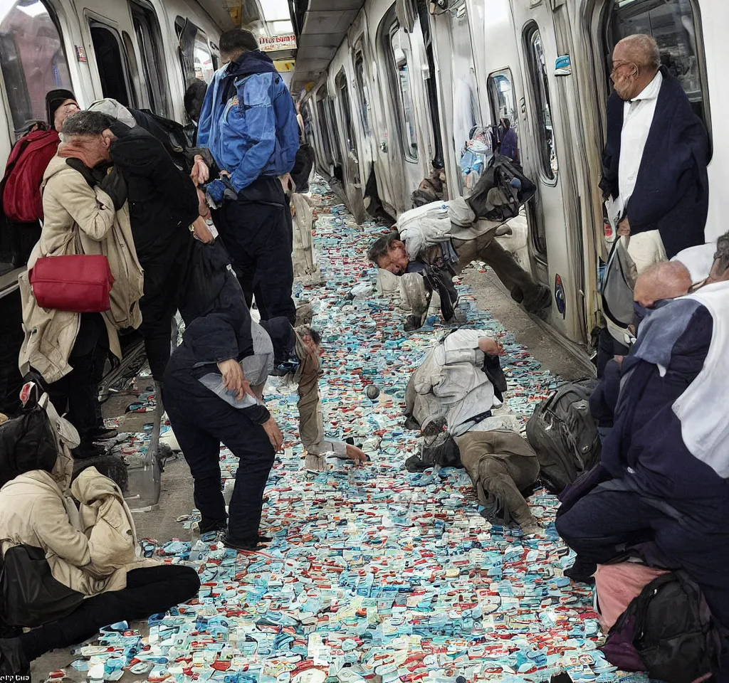 Image similar to this man was counting tablets, then he dropped them on the floor. he asked the woman next to him if the train floor had been poisoned. she didn't know, but told him that perhaps if the air had been poisoned that it didn't matter, but if the floor had been cleaned with water, then perhaps the water had been poisoned