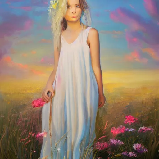 Prompt: an influencer girl portrait in long white dress, sunset, flowers, ocean in distance, oil painting, pale colors, high detail, 8 k, wide angle, trending on artstation,