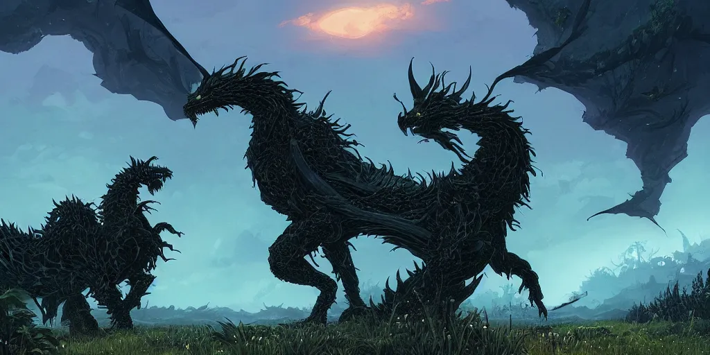 Image similar to The guardian of the meadow, a terrible black dragon, mattepainting concept Blizzard pixar maya engine on stylized background splash comics global illumination lighting artstation by Feng Zhu and Loish and Laurie Greasley, Victo Ngai, Andreas Rocha, John Harris