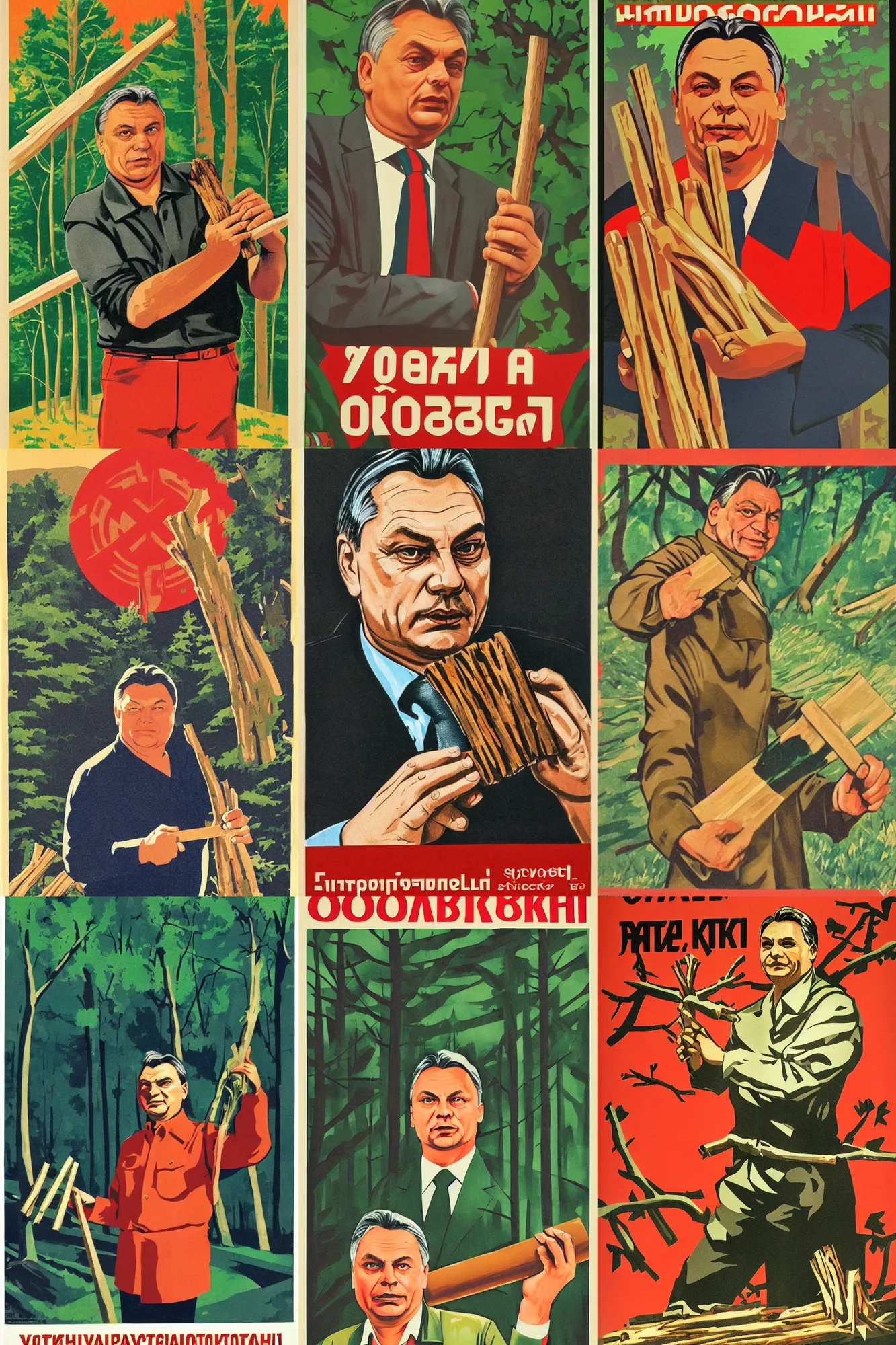 Prompt: soviet propaganda poster of viktor orban, holding a wood piece, forest in background