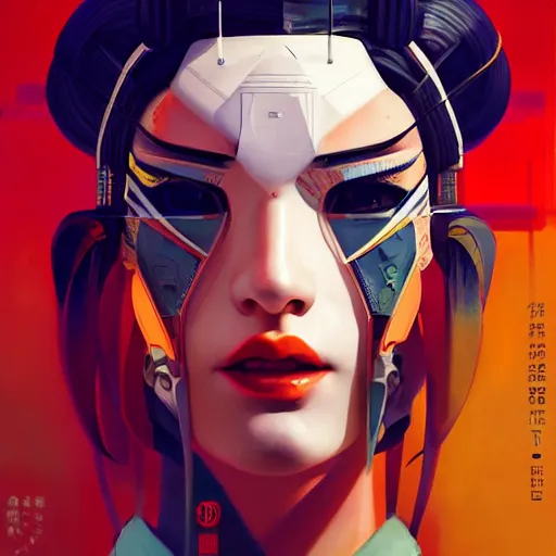 Prompt: cyberpunk geisha android robot portrait painting, medium shot, asymmetrical, profile picture, organic painting, sunny day, matte painting, bold shapes, hard edges, street art, trending on artstation, by huang guangjian, ash thorp and gil elvgren and sachin teng