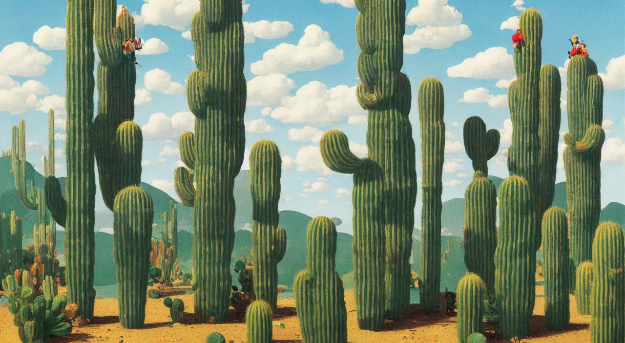 Image similar to single flooded simple cactus tower, very coherent and colorful high contrast!! masterpiece by rene magritte simon stalenhag carl spitzweg syd mead norman rockwell edward hopper james gilleard, minimalist, dark shadows, sunny day, hard lighting