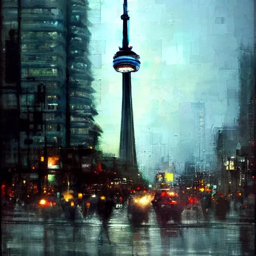 Image similar to toronto cn tower painting by jeremy mann