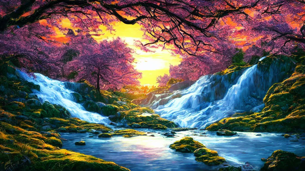 Image similar to featured on artstation cherry tree overlooking valley waterfall sunset beautiful image stylized digital art