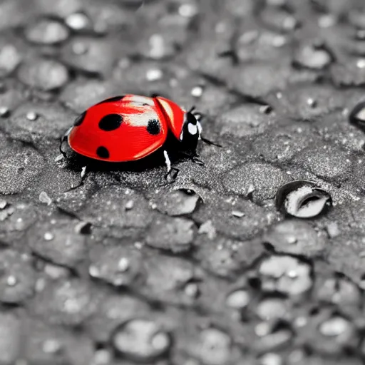 Image similar to a ladybug crawling on a sidewalk, it is night and raining, bushes in the background, moody lighting, peaceful atmosphere, digital art, highly detailed, high contrast, beautiful lighting, award winning, trending on art station, 8 k,