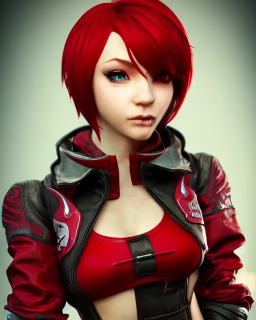 Image similar to a girl with short red hair, cool, vi from arcane, league of legends, fighter, cool red jacket, tattoo, beautiful, 3 d, potrait, art staion, studio light, closeup shot, octane render, wlop