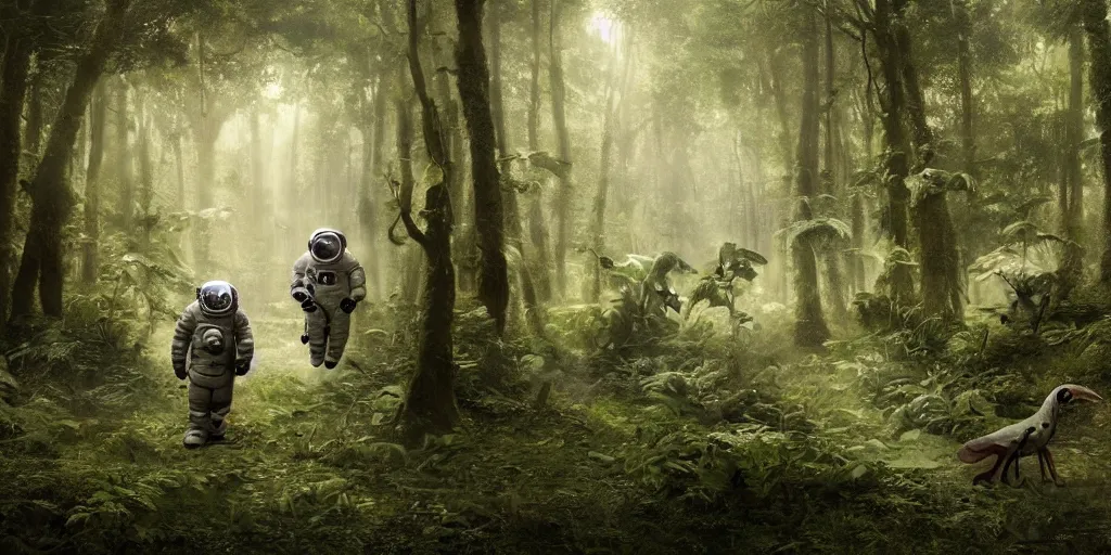 Image similar to an astronaut comes a across a strange creature in a forest, a detailed matte painting by frieke janssens, featured on cgsociety, space art, matte painting, matte drawing