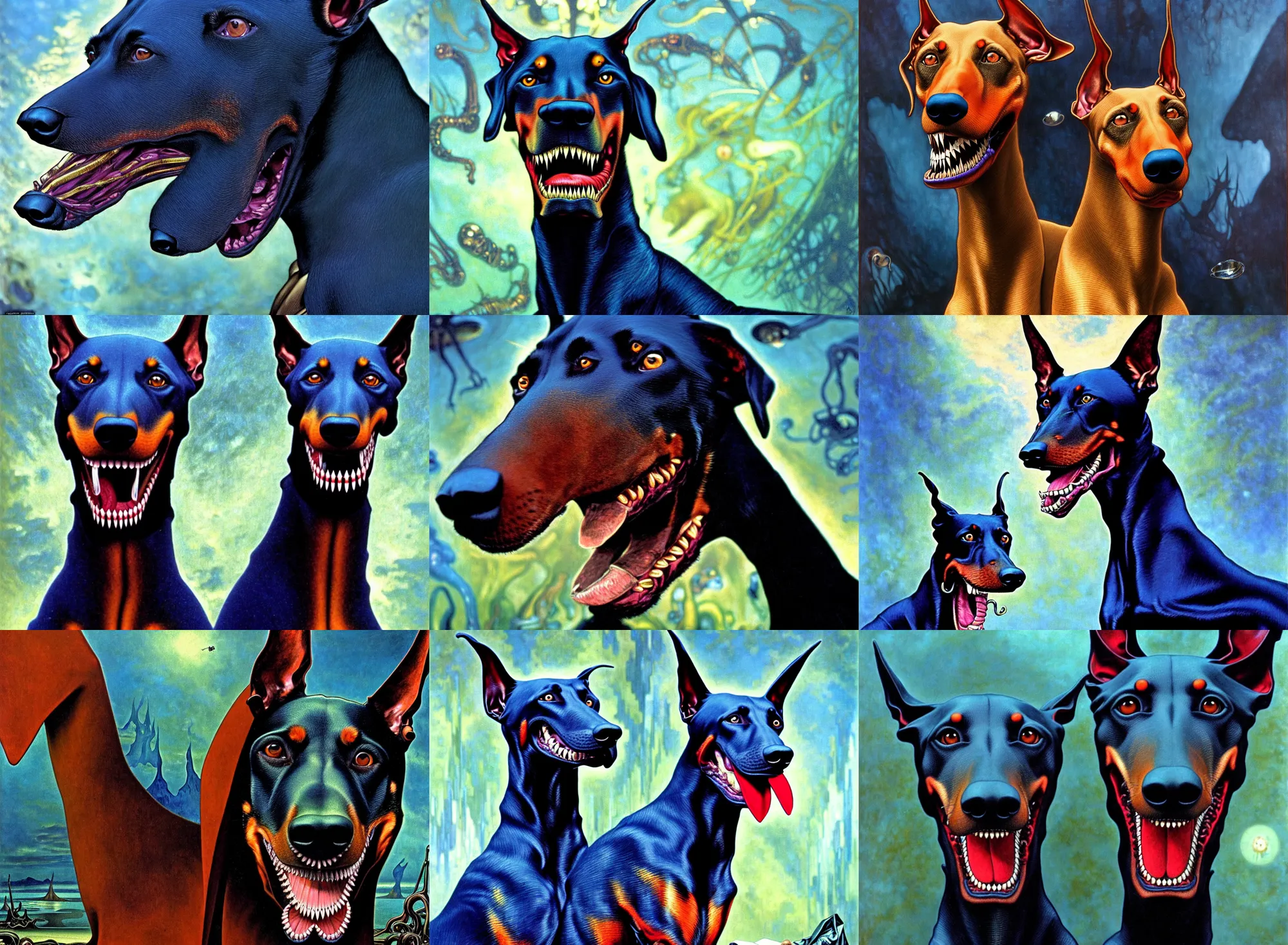 Prompt: realistic detailed portrait movie shot of a snarling doberman wearing a dark blazer, sci fi landscape background by denis villeneuve, amano, yves tanguy, alphonse mucha, ernst haeckel, max ernst, roger dean, masterpiece, rich cold moody colours, dog teeth, blue eyes