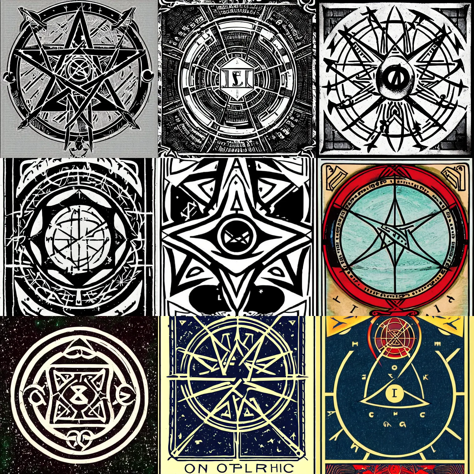Prompt: an occult sigil to protect explorers of latent space, Tarot, graphic design