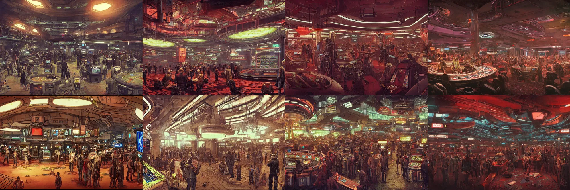 Prompt: inside a bustling cyberpunk casino on mars, filled with people, robots, cyborgs, aliens, glowing lights, by enki bilal