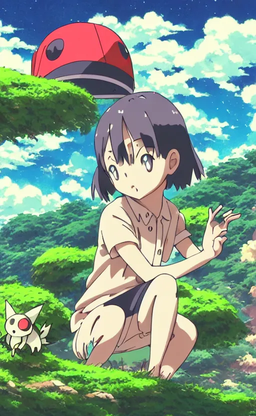 Image similar to a pocket monster go card from 1 9 5 0, illustration, clear sky background, lush landscape, concept art, anime key visual, trending pixiv fanbox, by wlop and greg rutkowski and makoto shinkai and studio ghibli and kyoto animation and ken sugimori, symmetrical facial features, cute beetle pet companion, box art