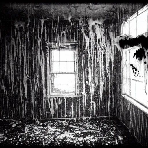 Prompt: 1 9 9 3, disposable camera, flash, old abandoned house, creature standing, meat, ooze, slime, veins, wet