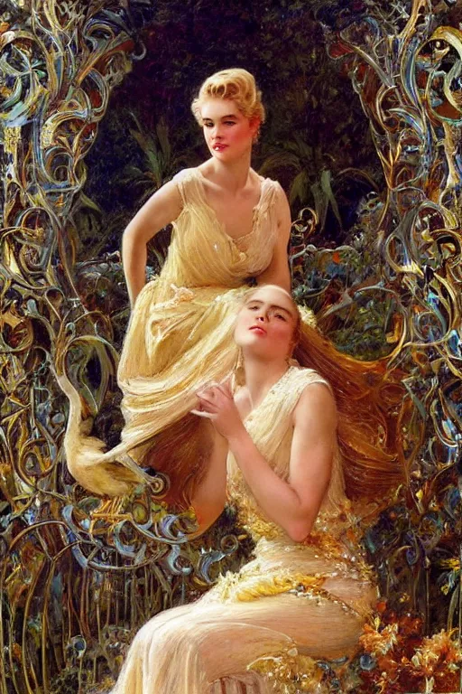 Image similar to Grace Kelly explaining the birds and the bees in the style of Gaston Bussière, art nouveau, art deco. Lush detail. Perfect composition and lighting. Surreal architecture from the future. A shaft of light illuminates her.