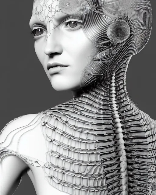 Prompt: mythical dreamy black and white organic translucent bio-mechanical spinal ribbed profile face portrait detail of steampunk mechanical beautiful female angelic-human-queen-realistic-cyborg, highly detailed, intricate crystal jelly ornate, poetic, 3D render, digital art, octane render, 8K artistic photography, photo-realistic, by Dora Maar