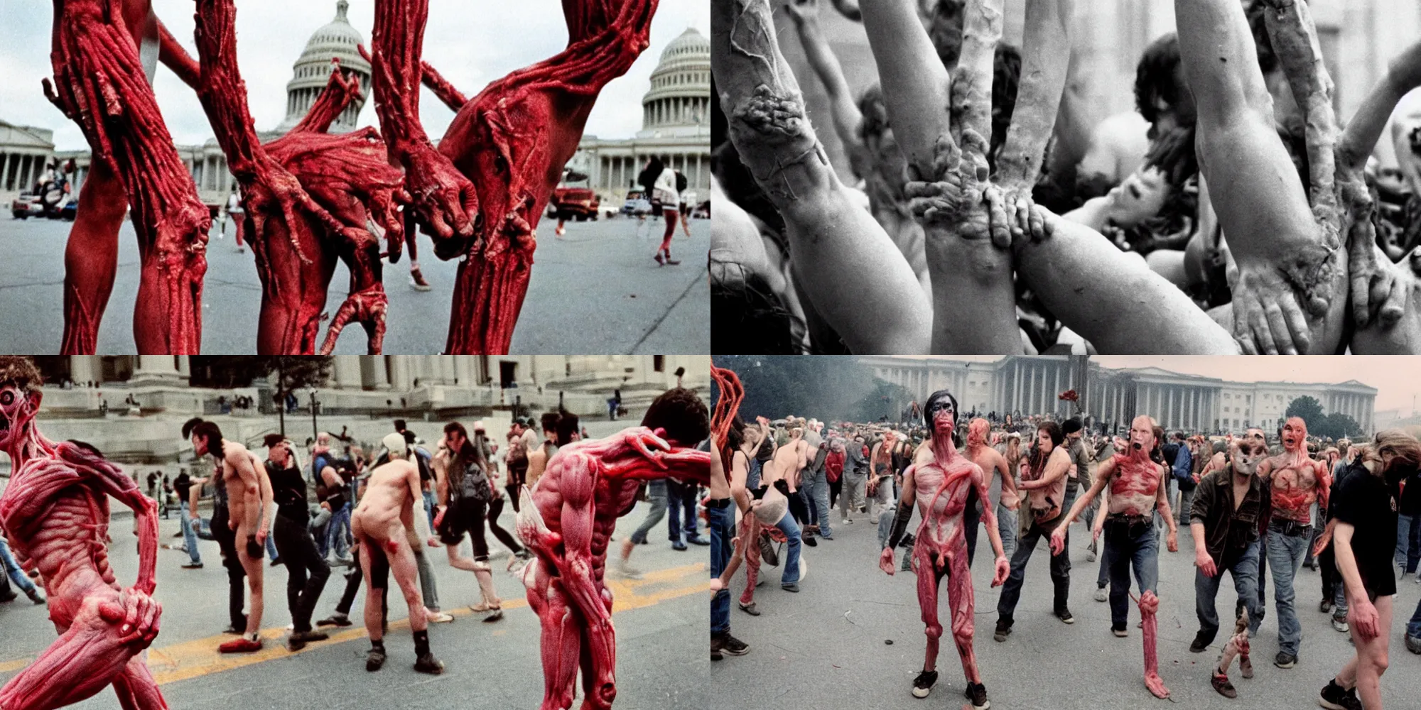 Prompt: capitol riot protesters body horror directed by david cronenberg, capitol building background, limb mutations, swollen veins, red flesh strings, cinestill 8 0 0 t, 1 9 8 0 s movie still, film grain